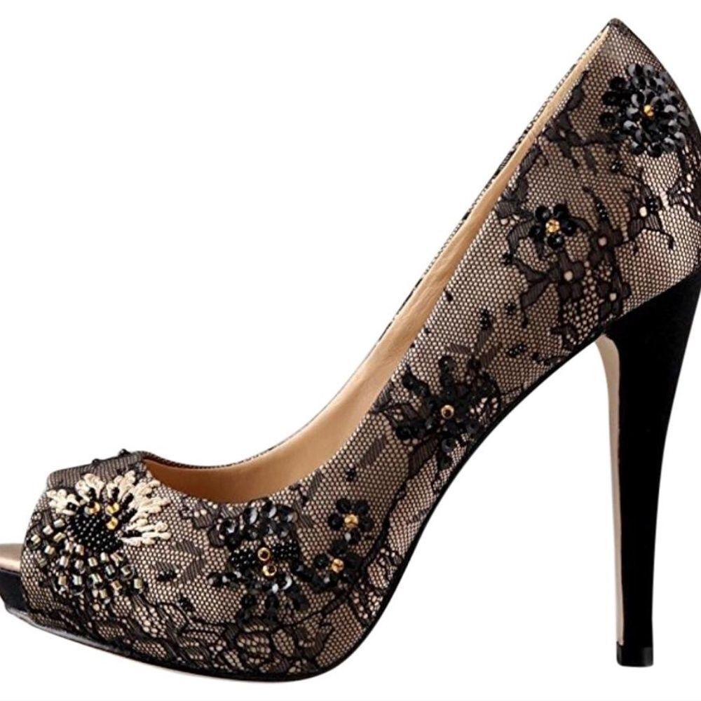 Badgley‎ Mischa Beaded Black Lace Heels Size 6.5